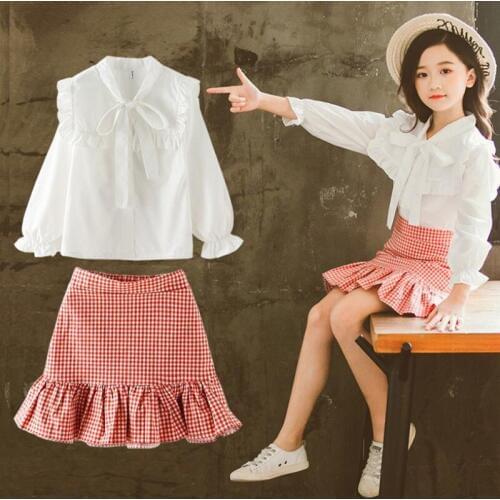 DFXD Big Girls Clothing Set High Quality Spring White Lace Bowknot Collar Princess Blouse+Red Plaid Fishtail Skirt Girls Outfits