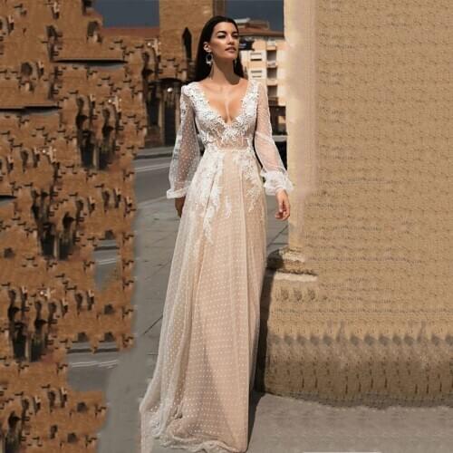 Lace Applique A-Line Ruffle Wedding Dresses 2021 New Puff Sleeves Tulle Boho Wedding Gowns Vestido De Novia V Neck Bride Dresses