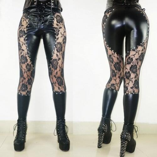 Size S-XL Leggings New Design Black Lace Embroidered Faux Leather Pants Novelty Low Waist Lace-Up Closure Clubwear Leggings