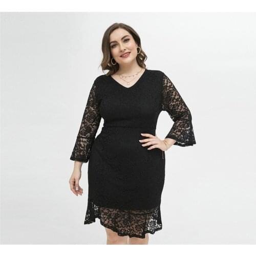 2021 Summer Lace Plus Size Womens Intellectual Elegant Irregular Long-Sleeved Sexy Slim Dress Evening Party Street Shooting