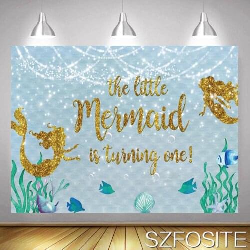 Cartoon Golden Mermaid Backdrop Birthday Party Light Blue Girl Decoration Baby Shower Newborn Customize Background Photo Shoot