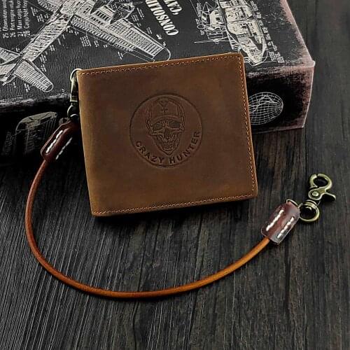 Gothic Skull Mens Leather Bifold Money Clip Wallet With Biker Chain