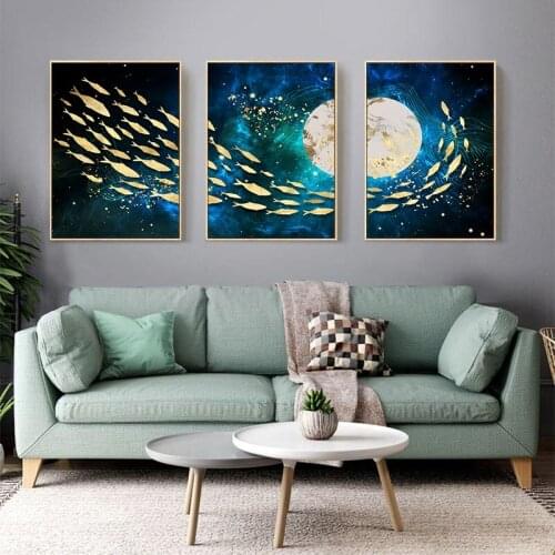 5D DIY Poured Glue Diamond Painting Kits Scalloped Edge No Framed Abstract Gold Fish Moon Wall Art Canvas Decorative Decor Gift