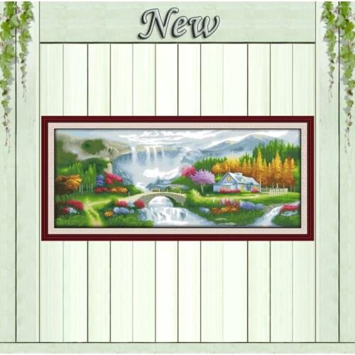 Homeland house river Mountain Scenery painting Counted print on canvas dmc14CT 11CT Cross Stitch Needlework kits Embroidery Sets