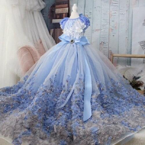 Handmade Dog Clothes Pet Dress Trailing Gown Blue Sea 3D Flowers Gem Bow Princess Soft Tulle Poodle Maltese Yorkie