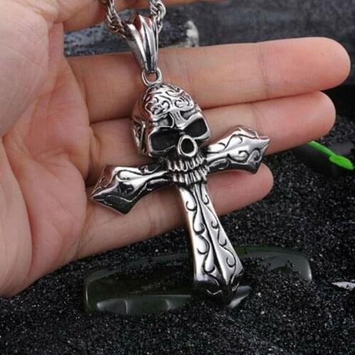 Retro Personality Skull Cross Pendant Necklace Domineering Cool Mens Necklace Rope Chain Motorcyclist Party Gothic Jewelry