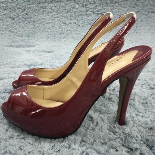 Sexy Burgundy Patent Pumps High Heel Popular Dress Party Women Pumps Summer Peep Toe Sling Back Stiletto Fish Mouth 11cm Heels