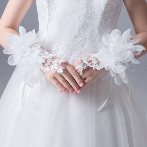 Prosperous Times the Bride Short Design Strap Bride Mitring Quality Rhinestone Car Lace Flower Decoration Wedding Gloves