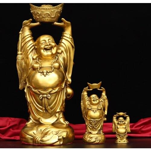Opening Light Copper God of Wealth Maitreya Buddha Lucky Housewarming start business figure shoe-shaped gold ingot Ornament Gift