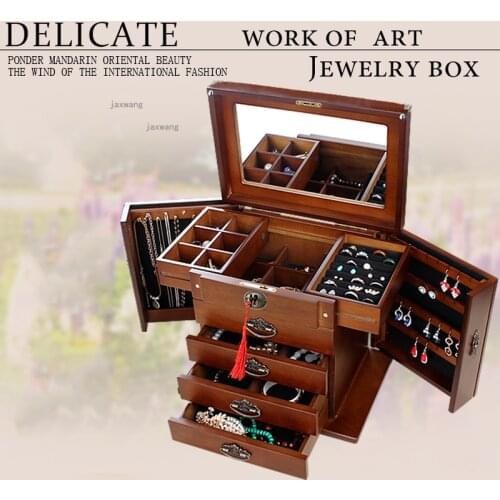 Solid Wood Earrings Bracelet Lockable Storage Box Chinese Rings Jewelry Organizer Dressing Table Wedding Gift Case with Mirror