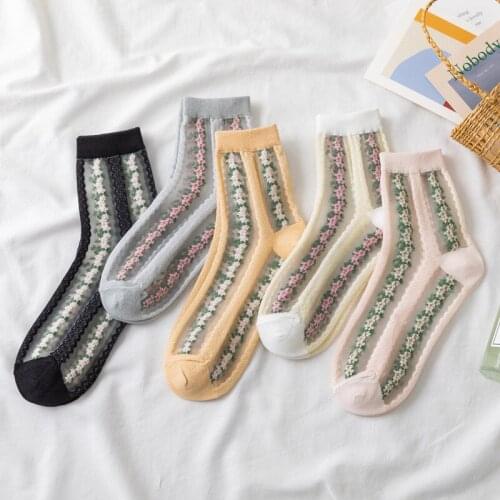 Spring And Summer Small Floral Card Silk Pile Womens Socks Tube Socks Glass Silk Side Floral Socks Comfortable Breathable Socks