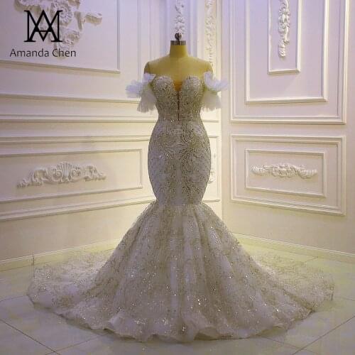 Top Quality Beading Mermaid Lace See Through Back Wedding Dress