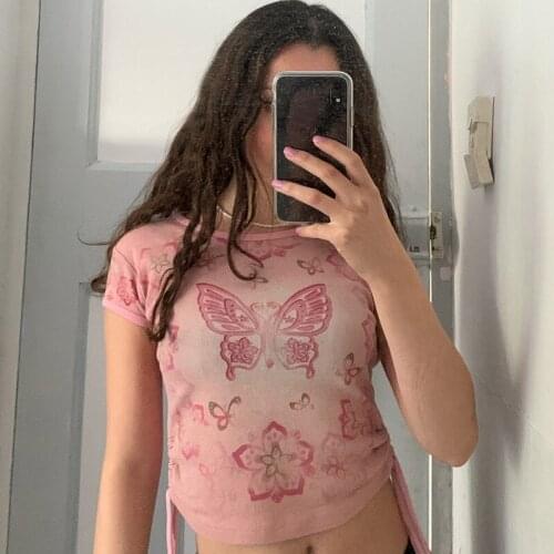 Butterfly Print Drawstring Woman Tshirts 2021summer Y2k Aesthetic Sweet Kawaii Top Fashion Pink Short Sleeve Vintage Tee Clothes