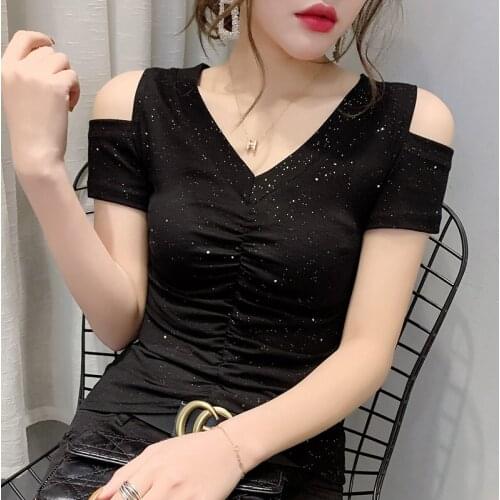 2021summer Casual Folds T-shirt Strapless Fashion Short sleeve V-neck Top Women T Shirt Plus Size