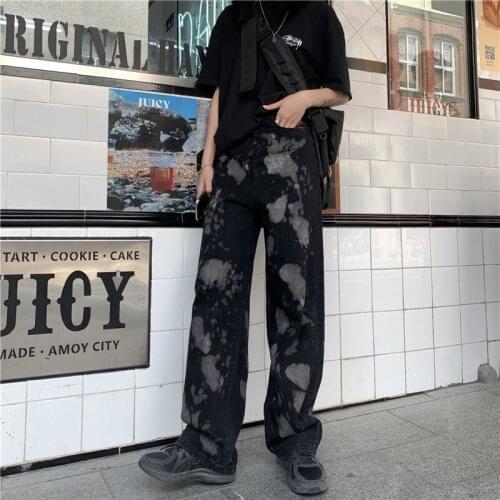 Womens Jeans Summer 2021 New Harajuku High Waist Retro Loose Straight Denim Trousers Tie Dye Black Wide Leg Pants Streetwear