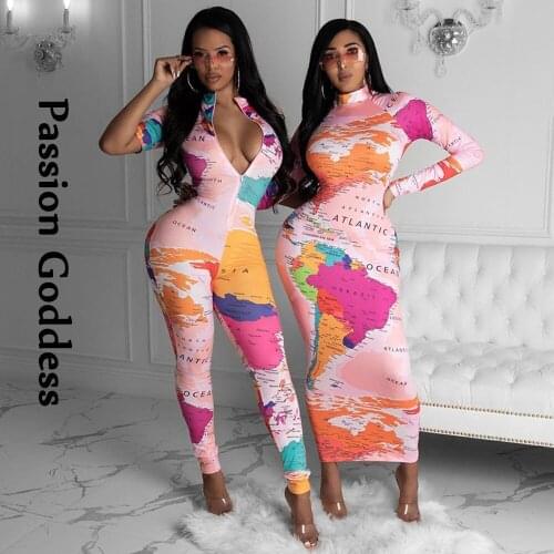 Sexy Women Map Printed Jumpsuits Short Sleeve Skinny Turtleneck Rompers Dance Party Overalls Joggers Elastic Slim Jumpsuits Cool