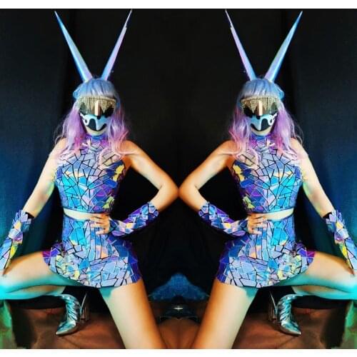 Woman Sexy Blue Mirror Dress Gogo Dance Performance Clubwear Party Copslay Fashion Costume