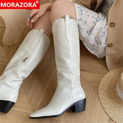 MORAZORA 2021 New Arrive Fashion Western Boots Women Genuine Leather Shoes Thick Heel Popular Square Toe Knee High Boots Women