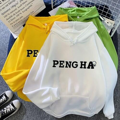 PENGSOO Hoodies Women Long Sleeve Streetwear Fleece Casual Korean Penguin Mascot Cartoon Printed Hooded Sweatshirts PENG HA