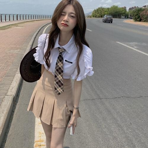 Women Short-sleeved Shirt Set Summer New High Waist Slim Pleated Skirt Harajuku Y2K Skirts 2021 College style Half-length Skirts