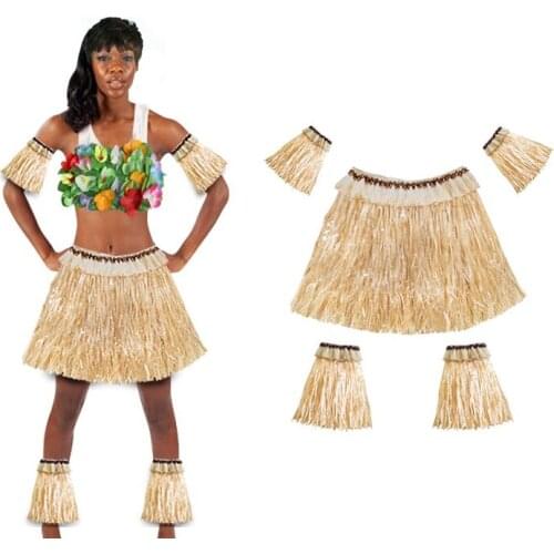 Hawaiian Grass Skirt Suit Five-Piece Elastic Arm Sleeve Feet Cover Grass Skirts Hula Dance Costume Beach Festival Party Decor