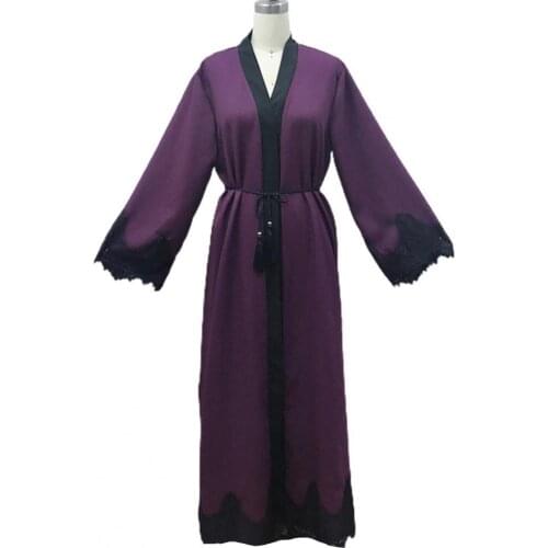 Women Dress Fashion Open Front Long Sleeve Lace Patchwork Belt Maxi Robe Femme Cardigan Daily Life Dresses Dropshipping