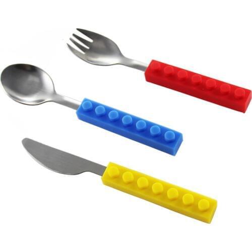 3PCS Creative bricks silicone stainless steel Portable Travel Kids Adult Cutlery Fork Picnic Set Gift for CHild Dinnerware