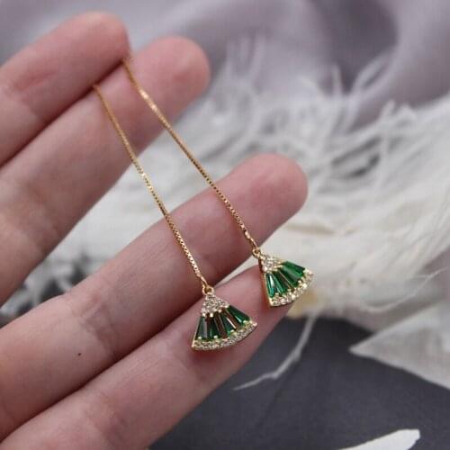 925 Sterling Silver Emerald Gold Shiny Zircon Fan-shaped Retro Elegant Chaming Wedding Drop Earrings Jewelry for Women Gift New