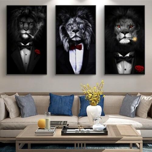 Abstract Art Lion Smoking Canvas Paintings On the Wall Art Pictures Black Wild Lion in a Suit Animals Canvas Picture Home Cuadro