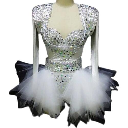 Fringes Rhinestones Mesh Gauze Three-Piece Suit Shiny Costume For Women Personality Performance Costume Ladies Dance Show Wear