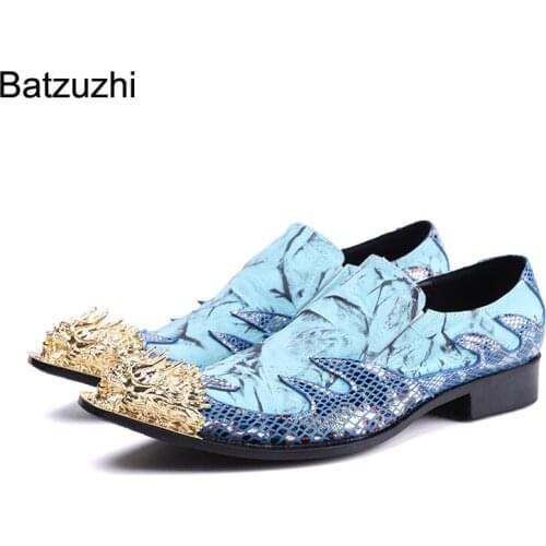 Batzuzhi Korean Style Men Shoes Fashion Golden Metal Toe Blue Genuine Leather Dress Shoes for Men Party and Wedding Shoes,6-12