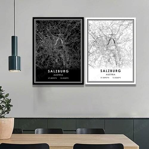 Black White World City Map Canvas Painting SALZBURG City Line Wall Art Print Poster Room Decoration Picture