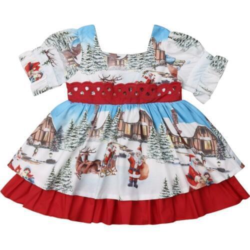 Kids Christmas Cartoon Dress Toddler Kid Baby Girl XMAS Flared Party Santa Swing Dresses Clothes 2-6T