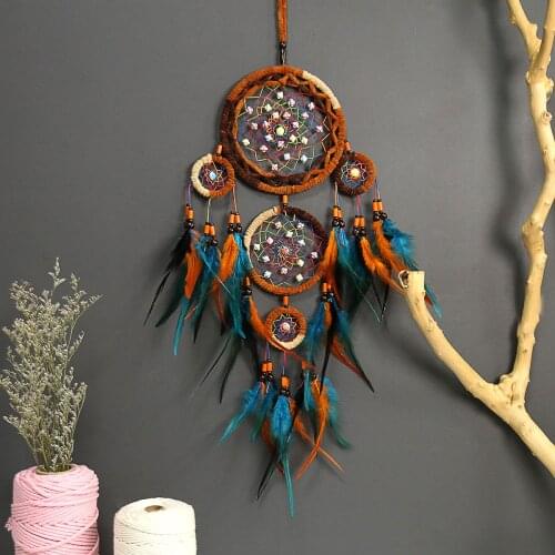 Indian Boho Decor Handmade Wall Hanging Colorful Feather Dream Catcher Ring Wind Chime Art Ornament Room Decoration Craft Gift