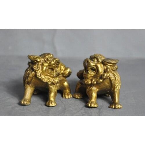 Chinese Brass Feng Shui Evil spirits Guardian Foo Dog Lion Beast Statue Pair
