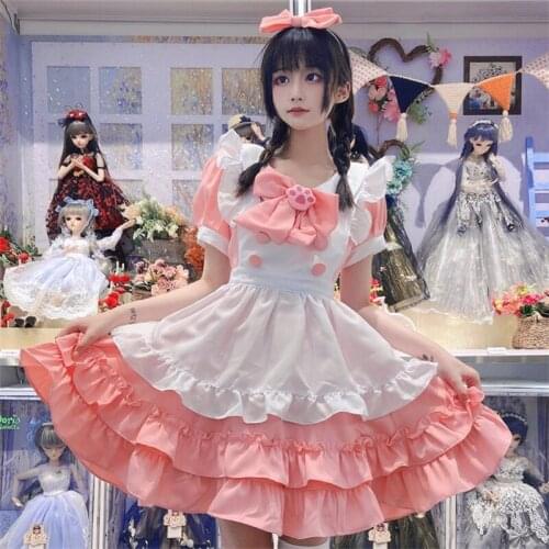 Japanese Maid Cosplay Costume Anime Lolita Maid Apron Uniform Carnival Party Dress For Girl Cute Bow White Pink Mini Cake Dress