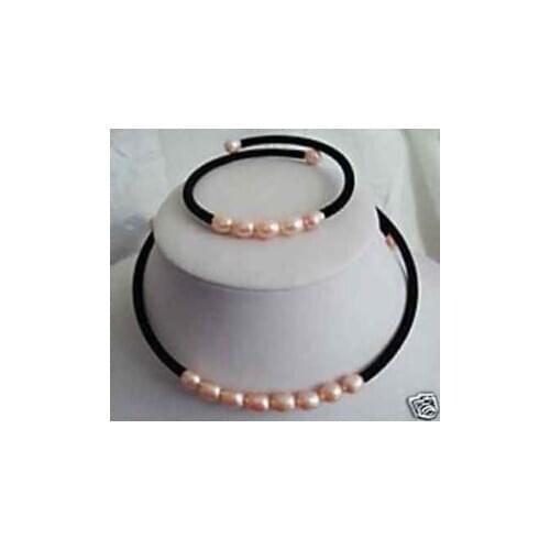 Beautiful 7-8MM Pink Freshwater Cultured Pearl Necklace bracelet set