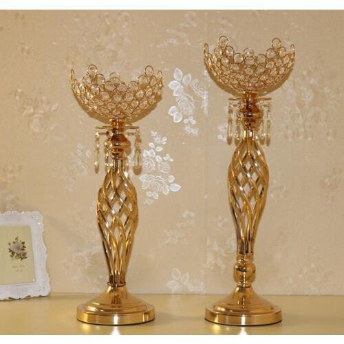 Creative Crystal Wedding Centerpiece Gold Candle Holder Metal Flower Stand Elegant Candlestick for Rustic Vintage Marriage