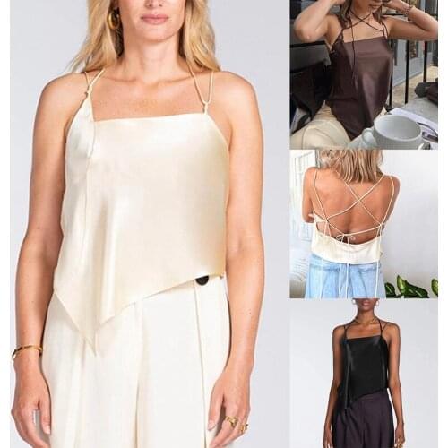 Hot kf-Womens Fashion Solid Color Halter Lace-Up Halter Sexy Vest Tops