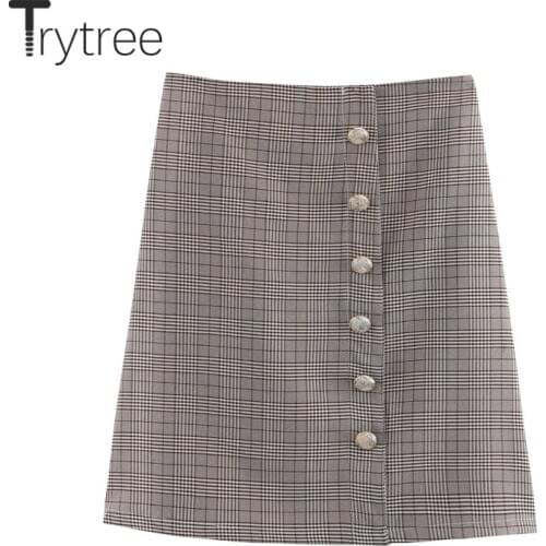 Trytree 2020 Spring Autumn Woman Casual Woman Skirt Plaid Khaki High Waist Zipper Oversize Buttons Sweet A-line Mini Skirt