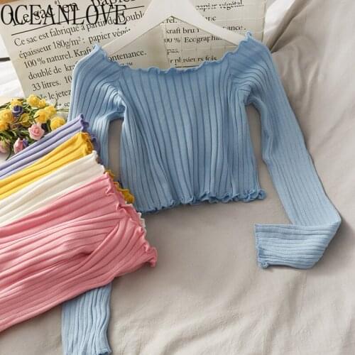 OCEANLOVE Solid Camisetas De Mujer Slash Neck Off Should Sexy Knitted Long Sleeve Woman T Shirt Short Slim Stretch T-shirt