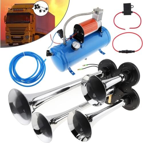 Super Loud 4 Trumpet Air Horn 150psi 12V 6L Mini Electric Air Horn Compressor Kit Blue Tank Gauge for Car Train Truck Vehicles
