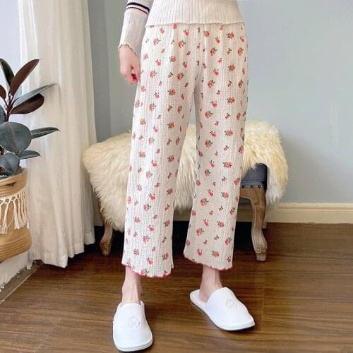 Purified Cotton Pajama Pants Womens Spring and Autumn Fresh Floral Loose Large Size Cropped Pants Japanese Style Teenage Leisur