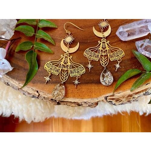 Resin Flower Drop Moth Earrings wht moon, Wanderlust Jewelry, Hypoallergenic