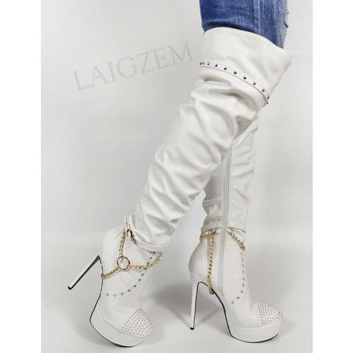 DOBANER Platform Boots High Heeled Boots Over Knee Unisex Chains Ladies Unisex Shoes Woman Donne Stivali Large Size 42 44 50 52