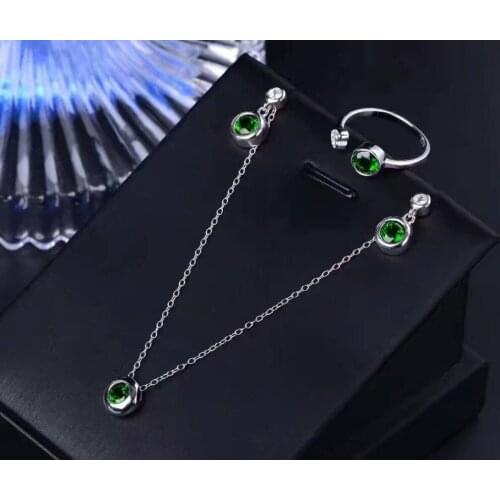 Natural green diopside Ring Pendant Earrings Natural Gemstone Jewelry Set 925 Silver Simple Round Women party Necklace ring