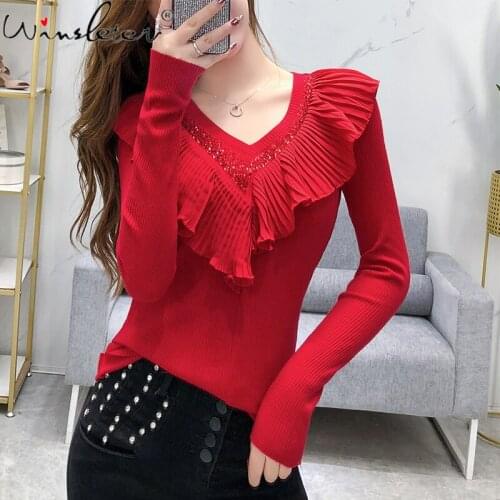 Fall Winter European Clothes Knitted T-Shirt Sexy V-Neck Shiny Diamonds Spliced Ruffles Women Tops Long Sleeve Tees New T16807A