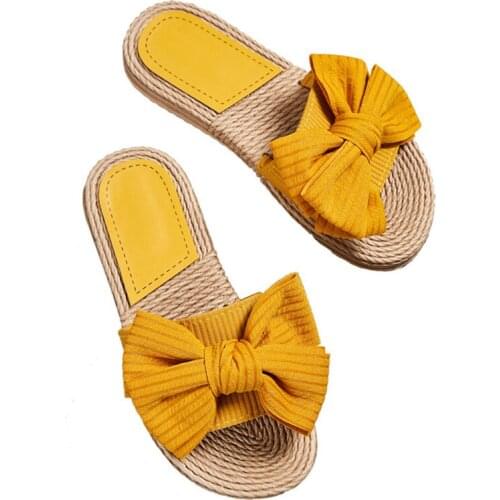Summer Women Comfortable Indoor Slippers Female Bow-Knot Flax Linen Flip Flops Ladies Open Toe Beach Shoes Sandals Slipper hy437
