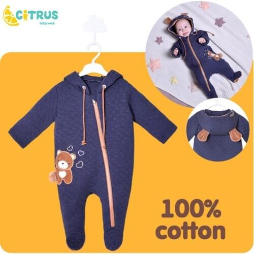 CITRUS Baby Romper Boy Girls Clothes Cartoon Bear Blue Solid Color 100% Cotton Costume 3 6 9 12 M Newborn Boy Girl Clothes