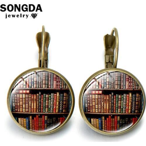 SONGDA Retro Old Books Photo Glass Gem Drop Earrings Library Bookshelf Creative Funny Hook Earrings Writers Librarians Nerd Gift